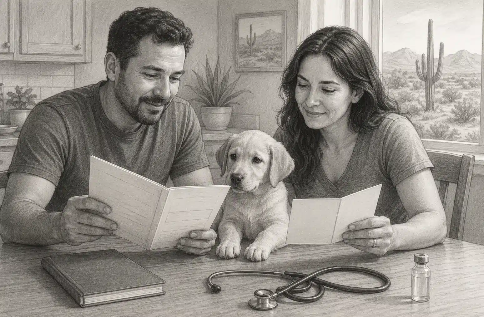 Arizona family cross-checking puppy vaccine records at home