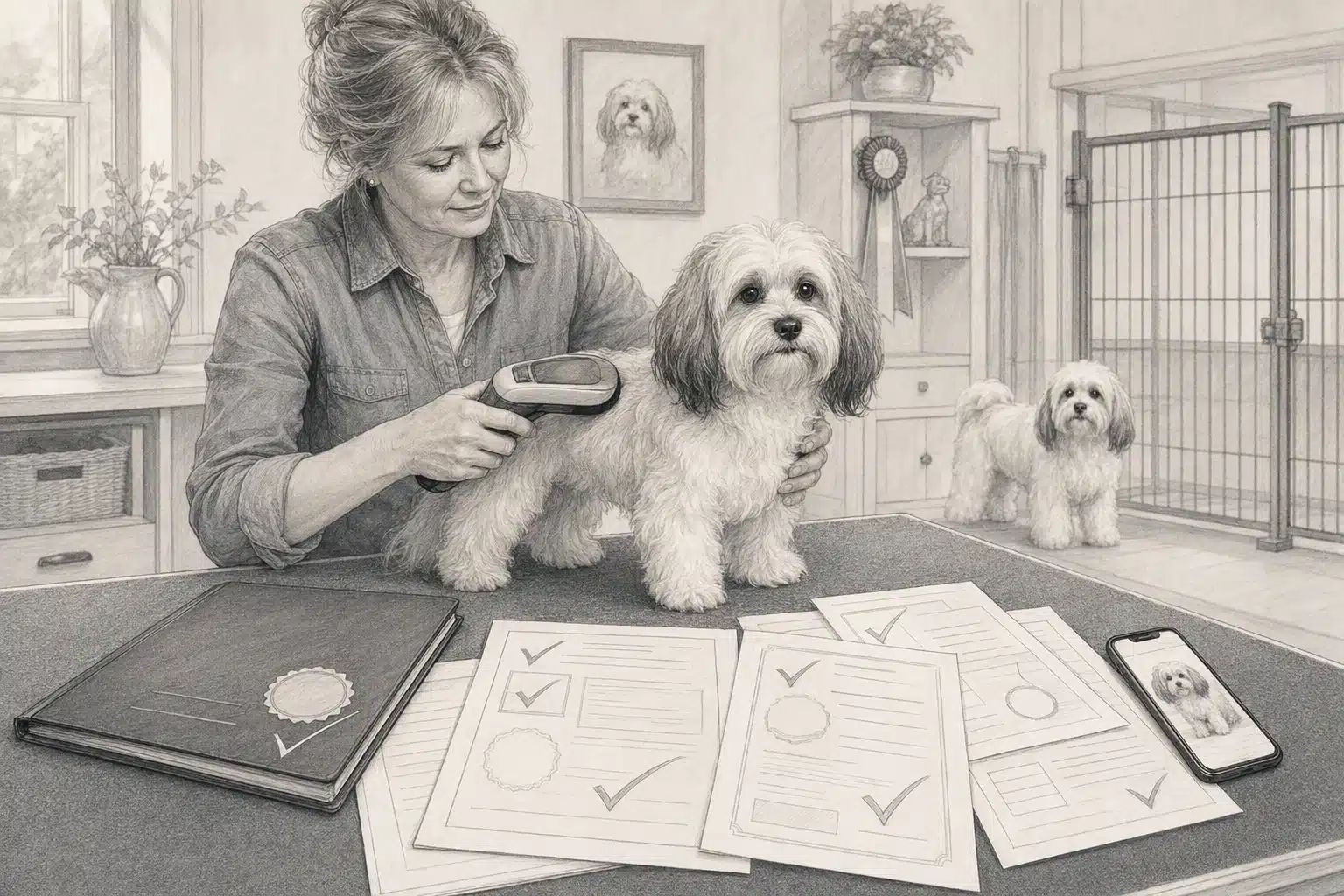 Breeder reviewing OFA health certificates with microchip scanner