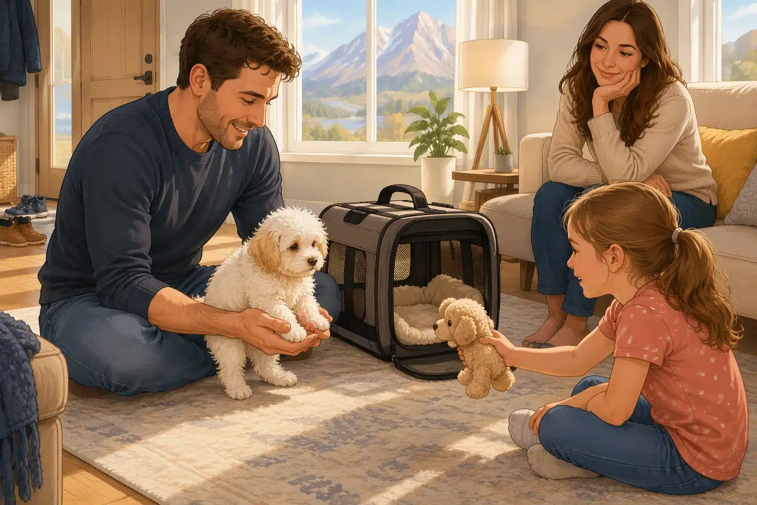 Gentle handling of a Havanese puppy near travel carrier