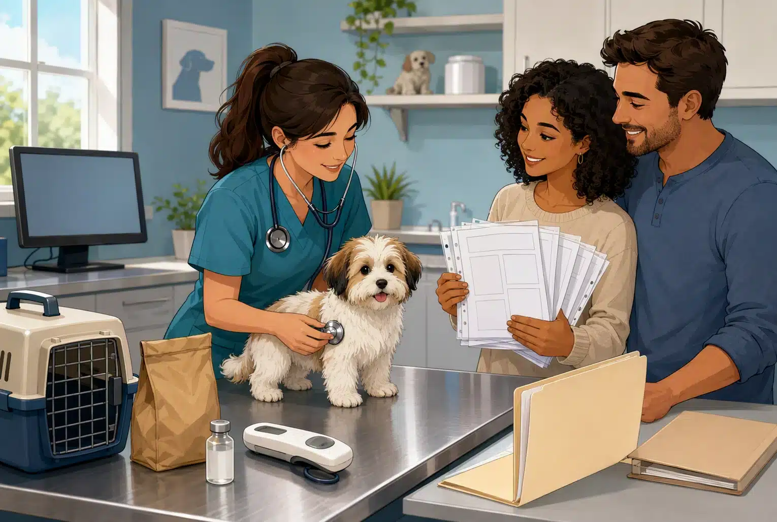 Veterinarian checks puppy records with family paperwork