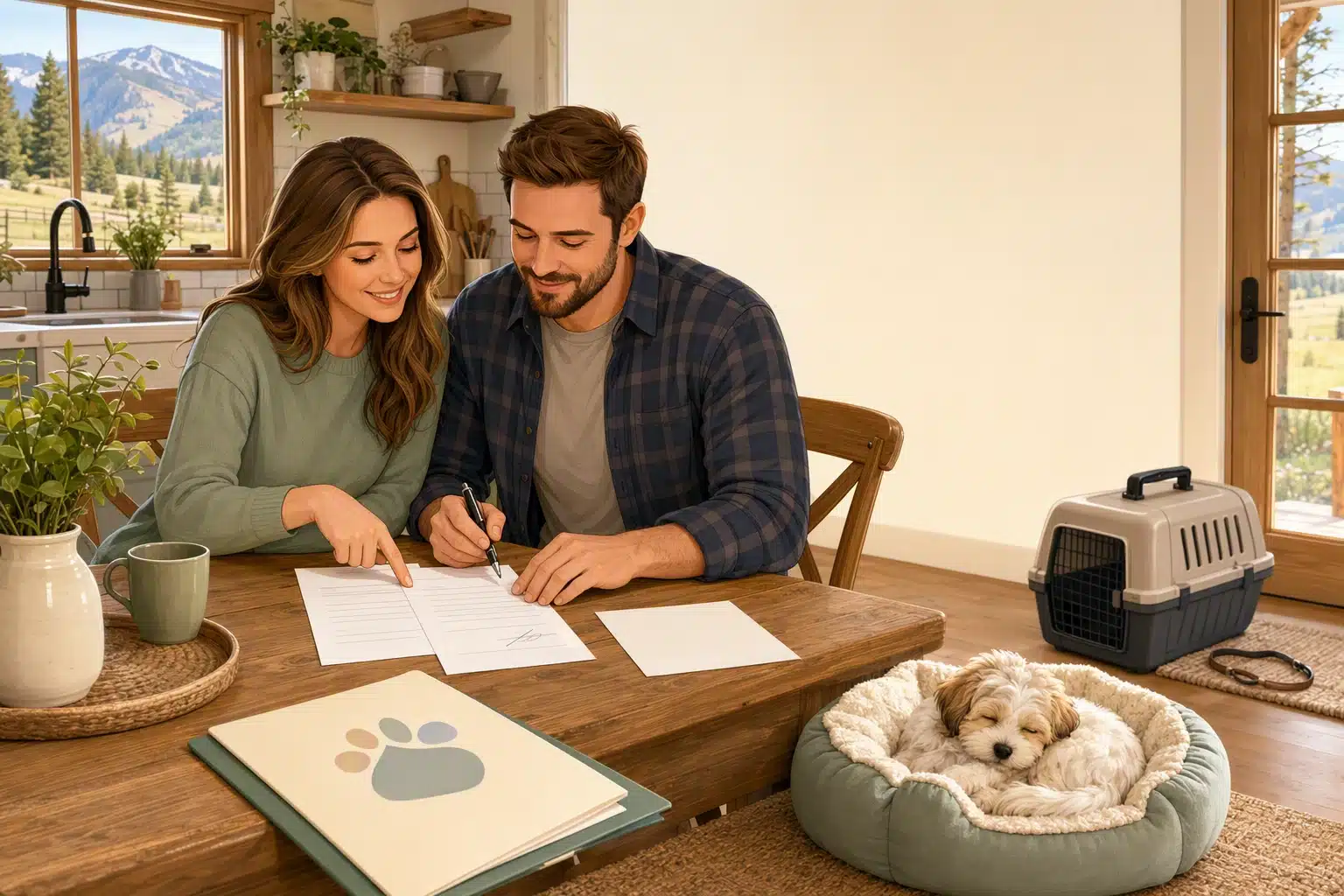 Couple reviewing puppy contract with sleeping Havanese