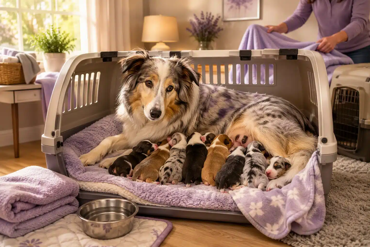 Lavender and her nine puppies in a cozy foster carrier