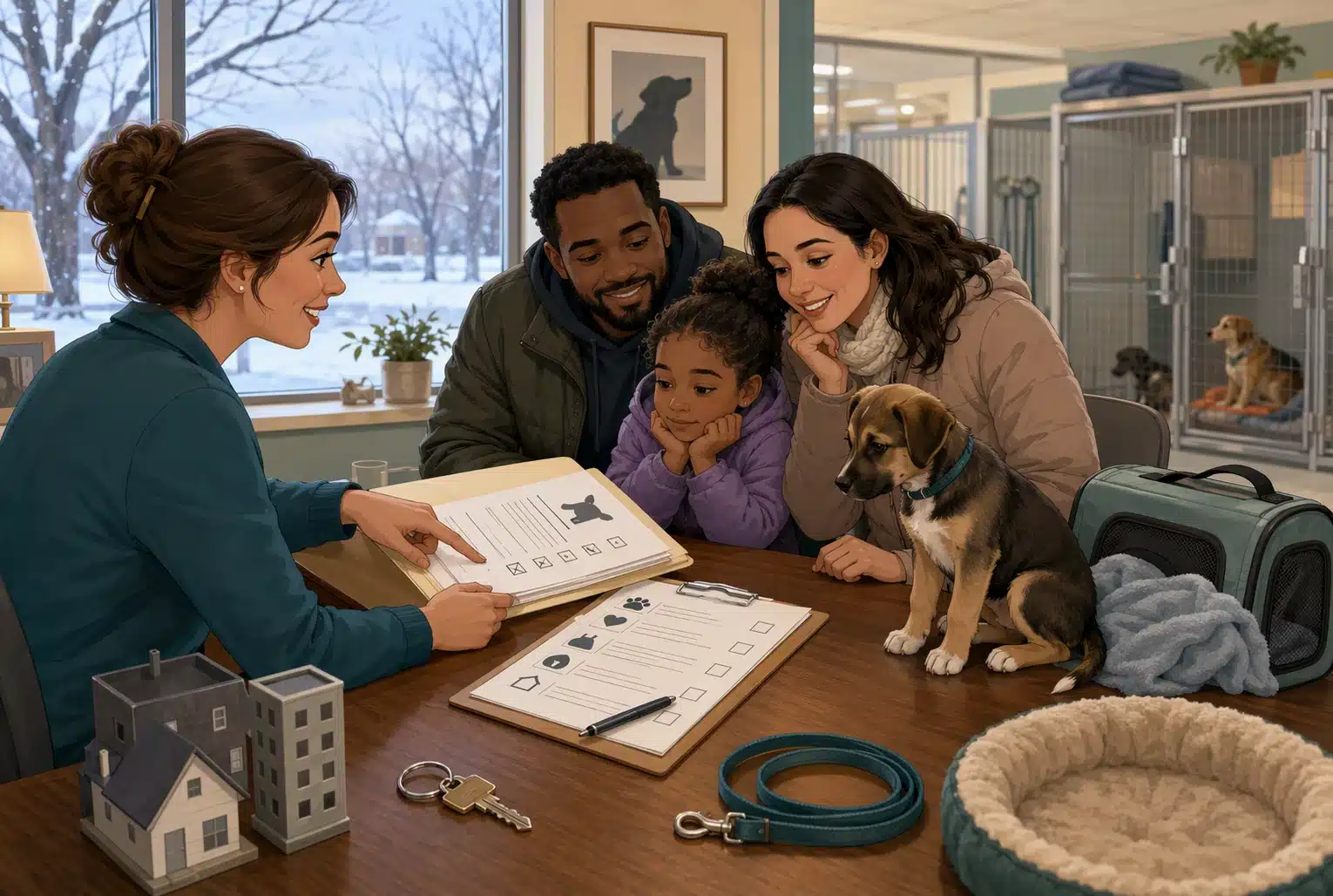 Shelter counselor reviewing puppy records with adopting family