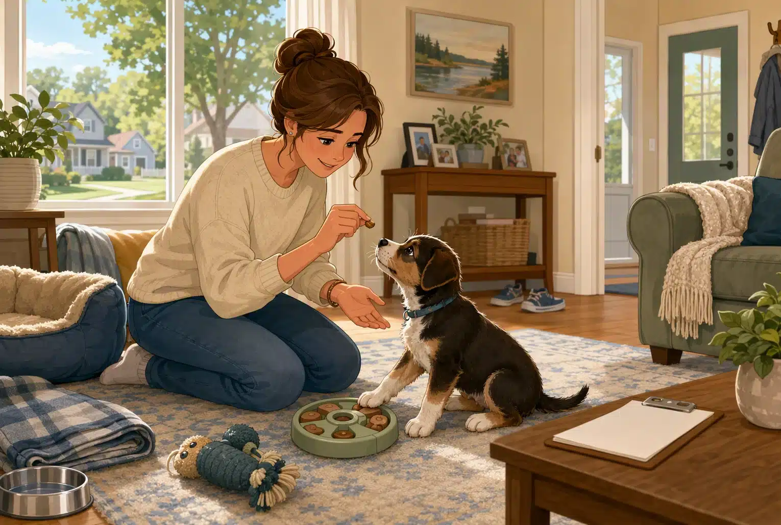 Wisconsin foster volunteer engages puppy with treats in cozy home setting