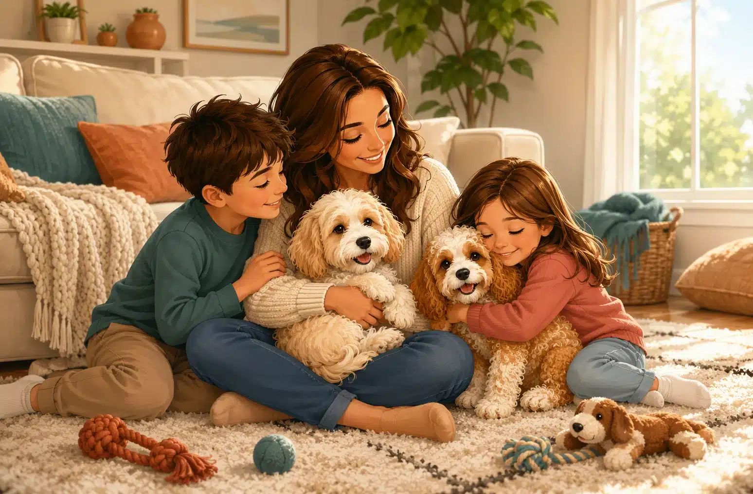 Family cuddling Havapoo and Cavapoo puppies on a cozy rug