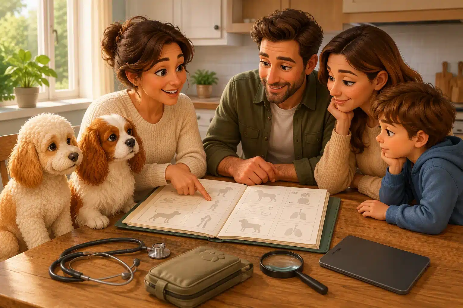 Breeder and family reviewing dog health records