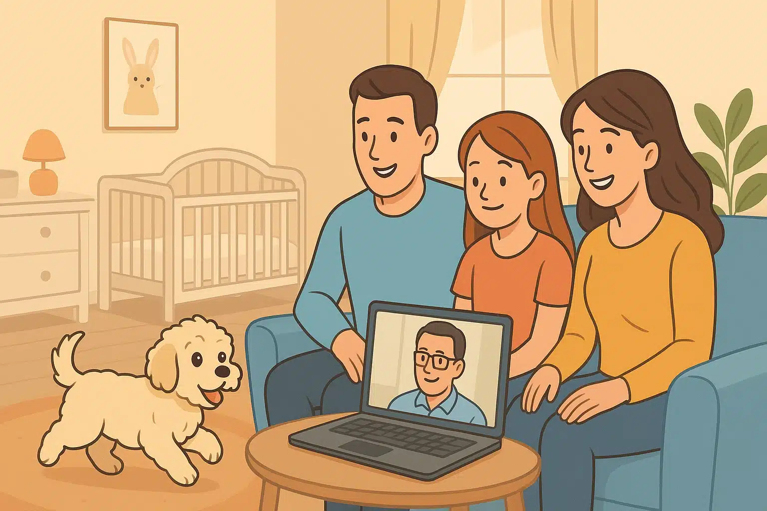 Family evaluates puppy health through breeder consultation