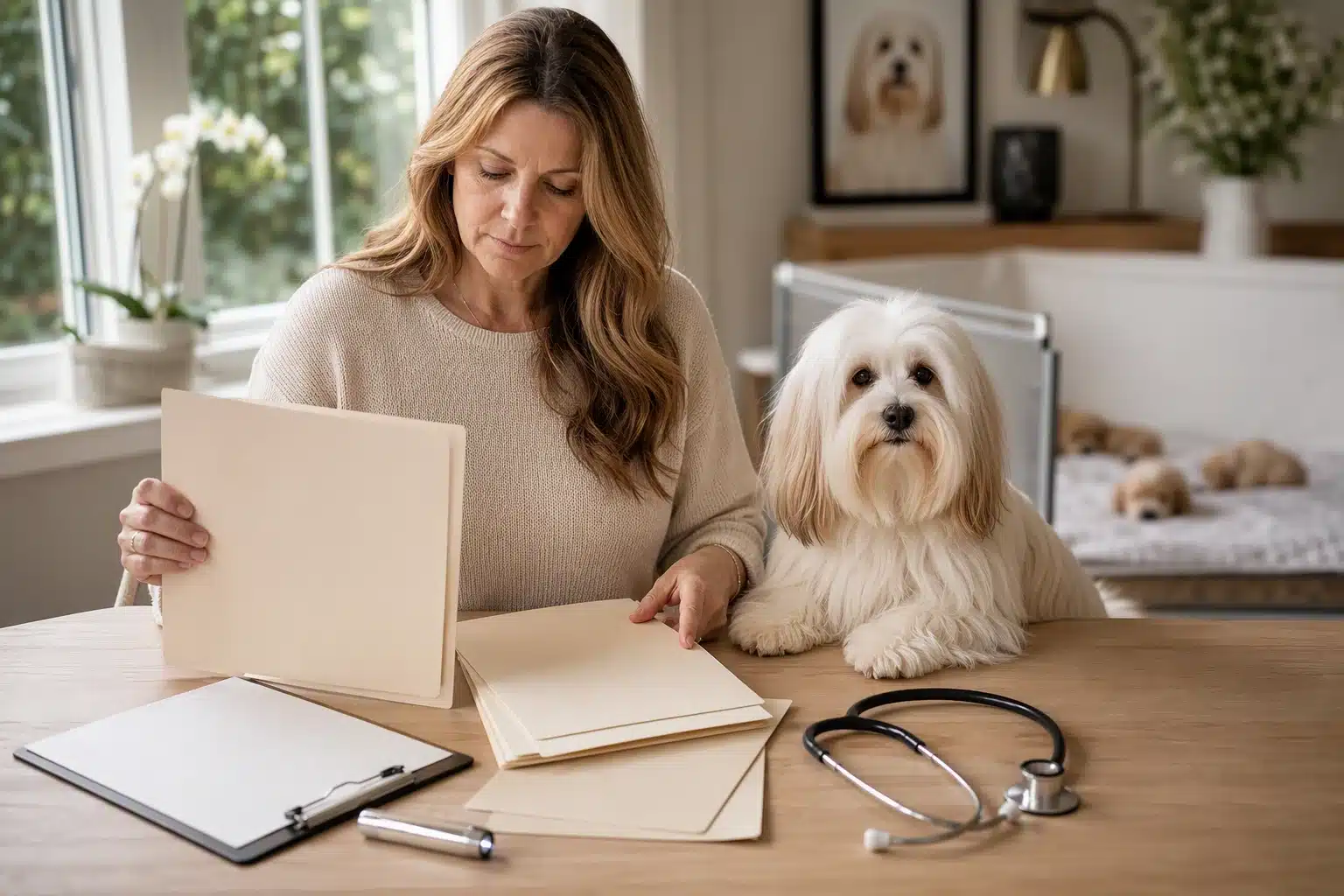 Breeder examines Havanese health records beside calm parent dog