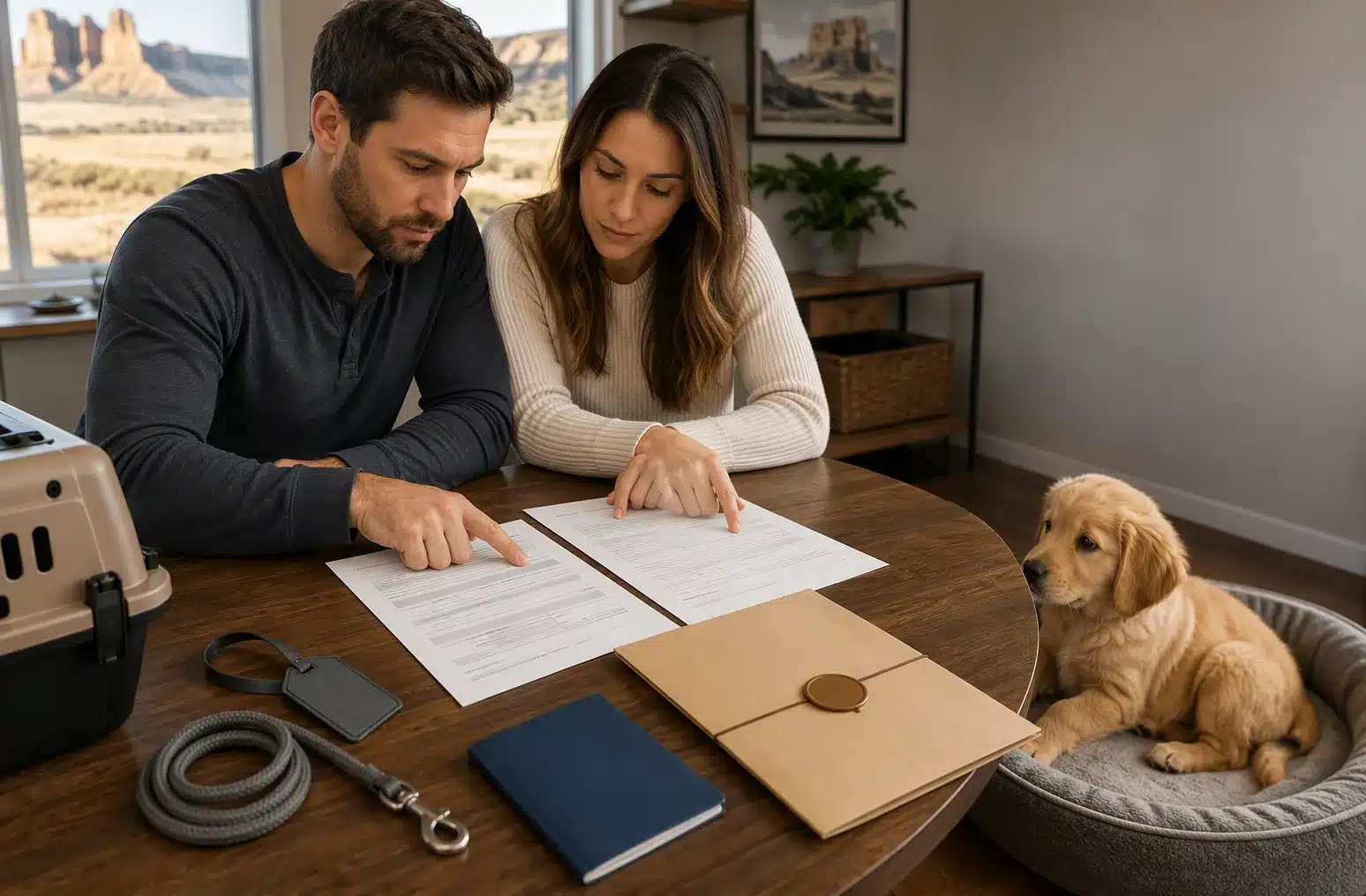 Couple reviewing veterinary records and contract terms