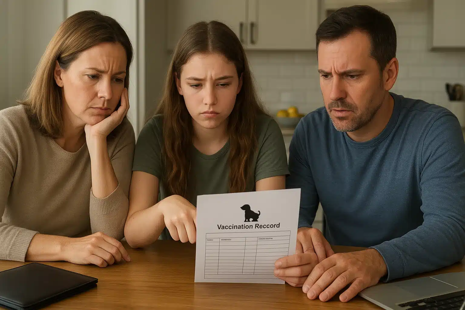 Couple scrutinizing puppy health records at home