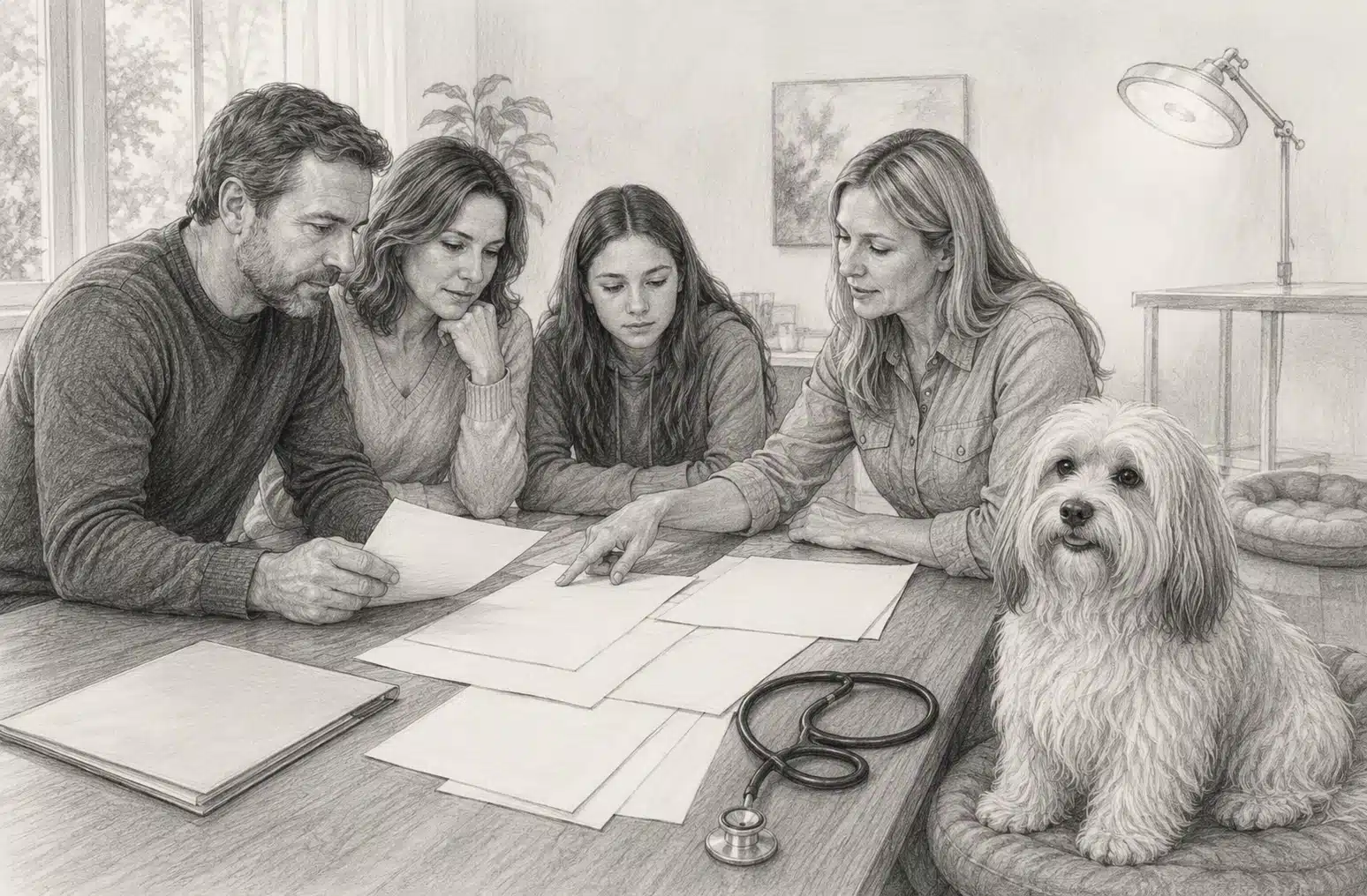 Couple reviewing Havanese health records beside a calm adult dog