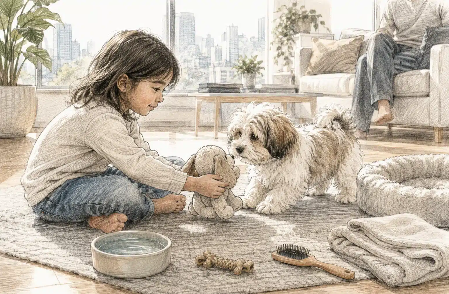 Child gently plays with Havanese puppy in sunlit living room