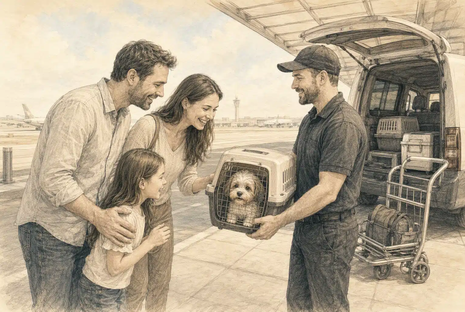 Family welcomes Havanese puppy carrier at airport curb