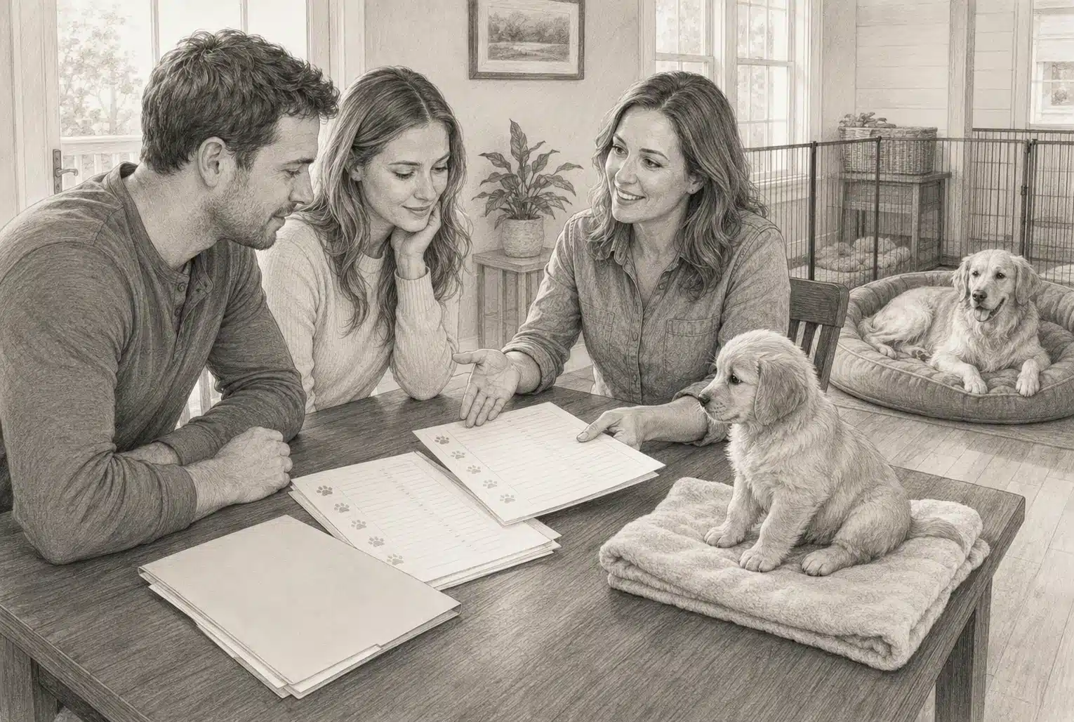 Family reviewing puppy health records with a breeder