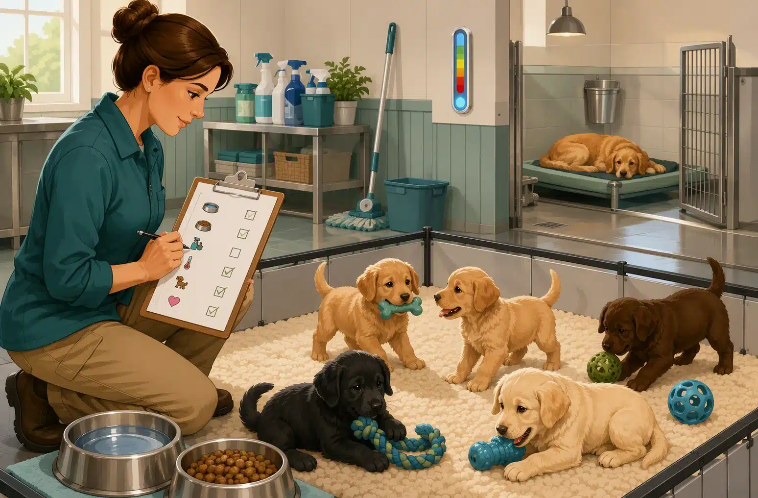 Breeder reviews kennel sanitation checklist beside clean puppy playpen