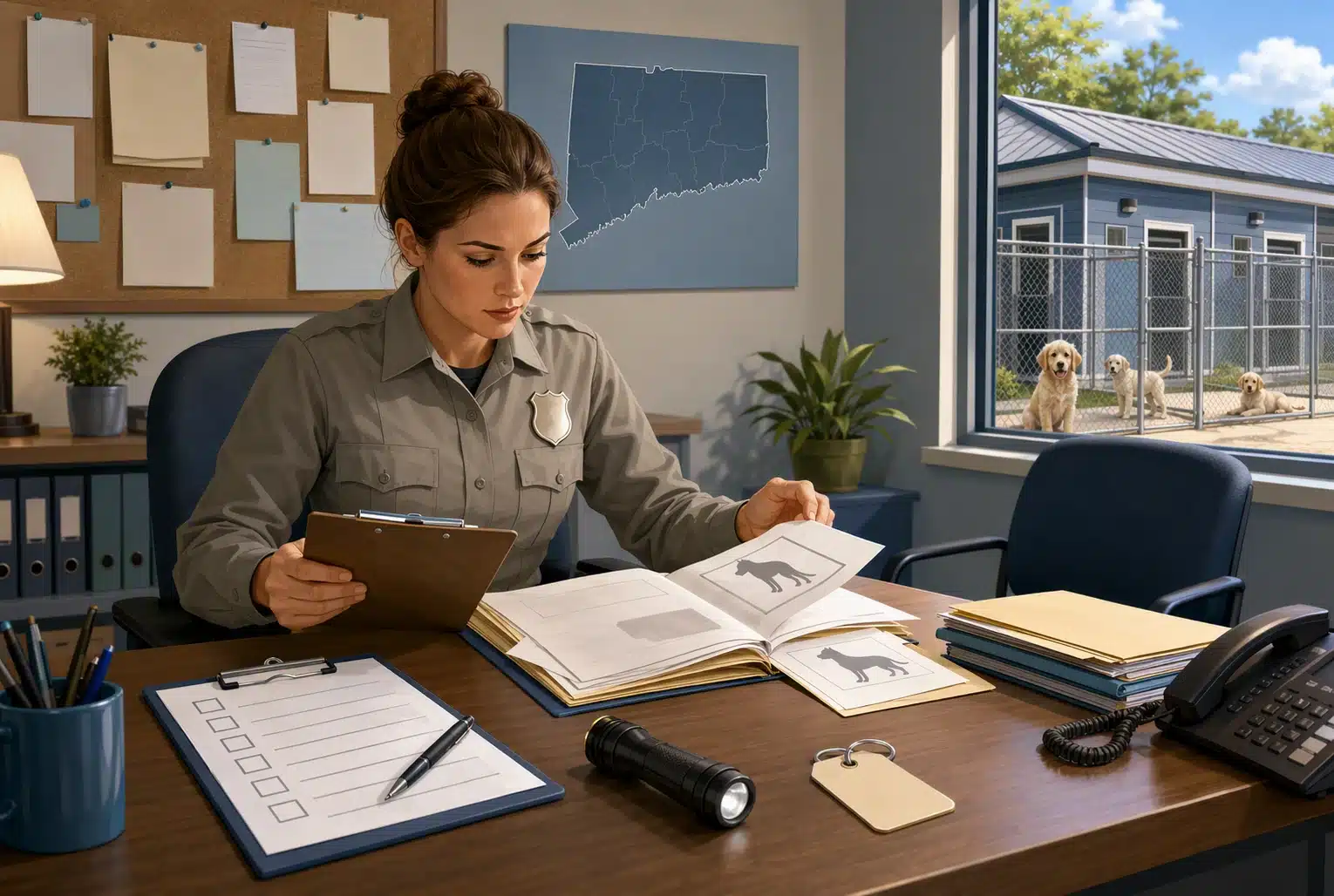 Animal control officer reviewing town kennel inspection files