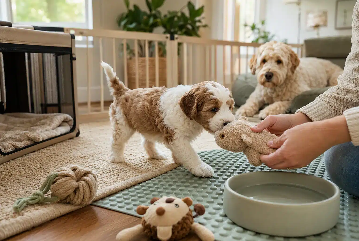 Puppy exploring textures in a calm nursery setting