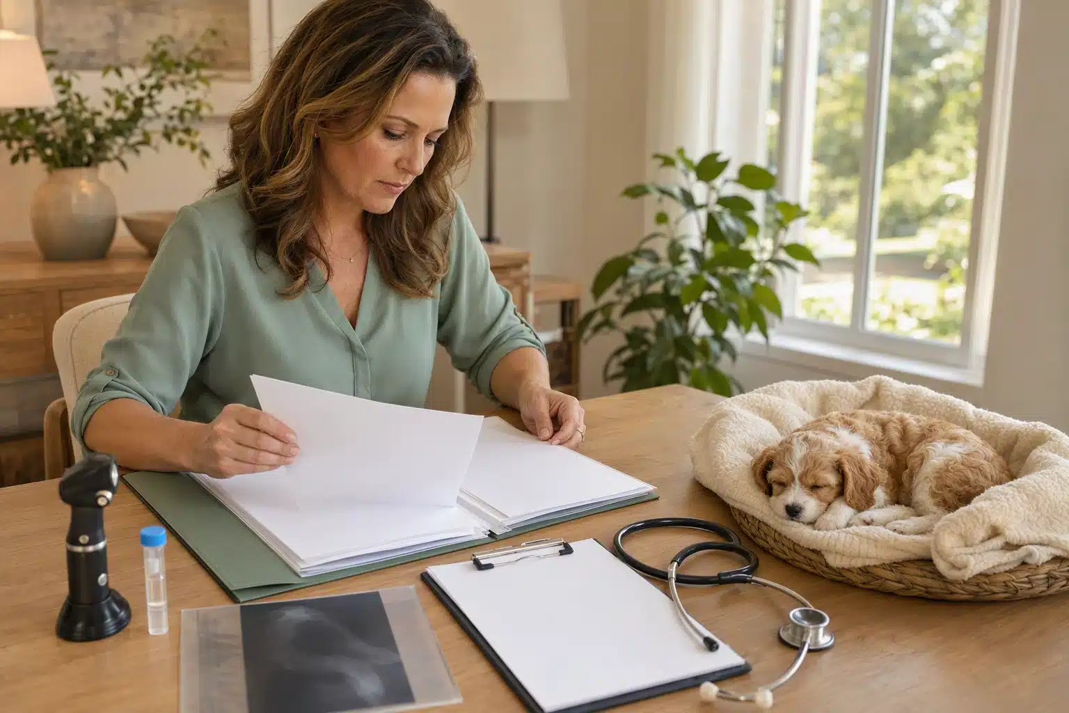 Breeder reviews parent health records beside sleeping Cavapoo puppy