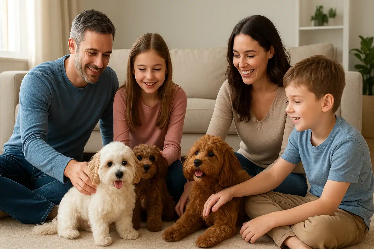 Family playing with affectionate Havanese Havapoo and Cavapoo puppies indoors