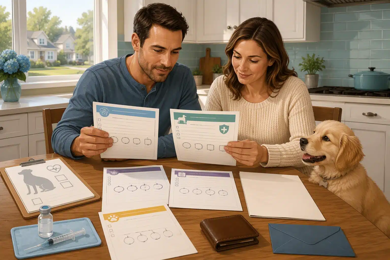 Family reviewing puppy health records at kitchen table