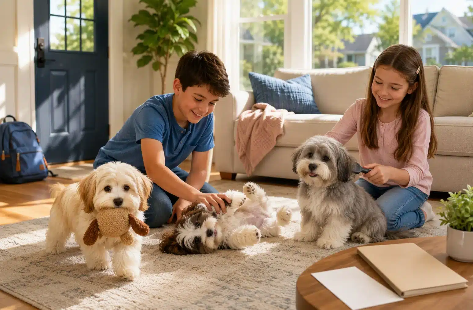 Havanese puppies playing with children in a cozy NJ family room