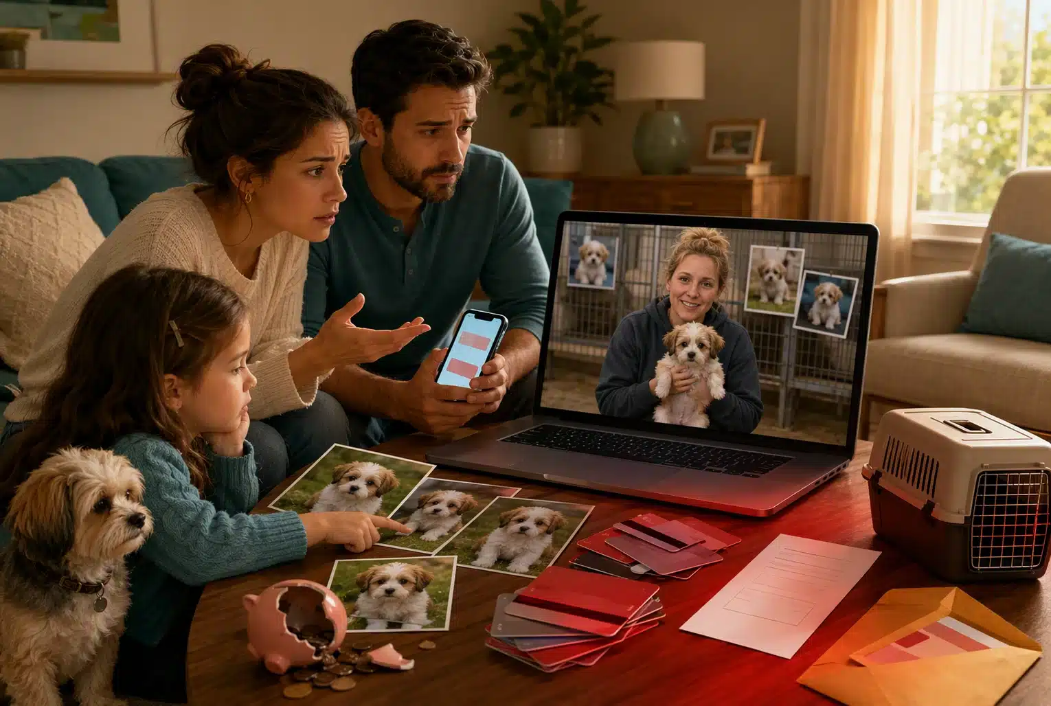 Skeptical family reviewing suspicious puppy listing