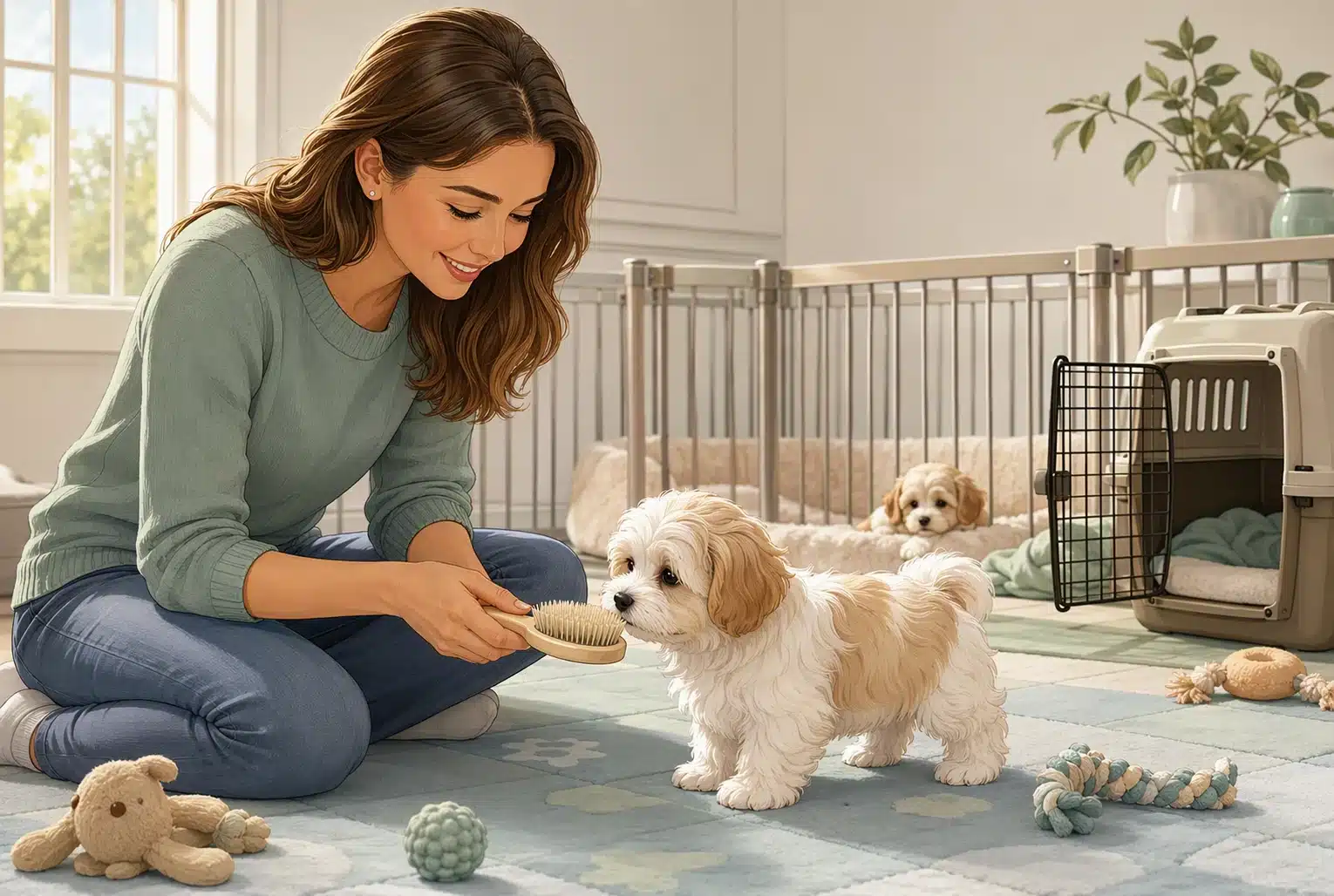 Breeder introduces Havanese puppy to grooming in cozy nursery