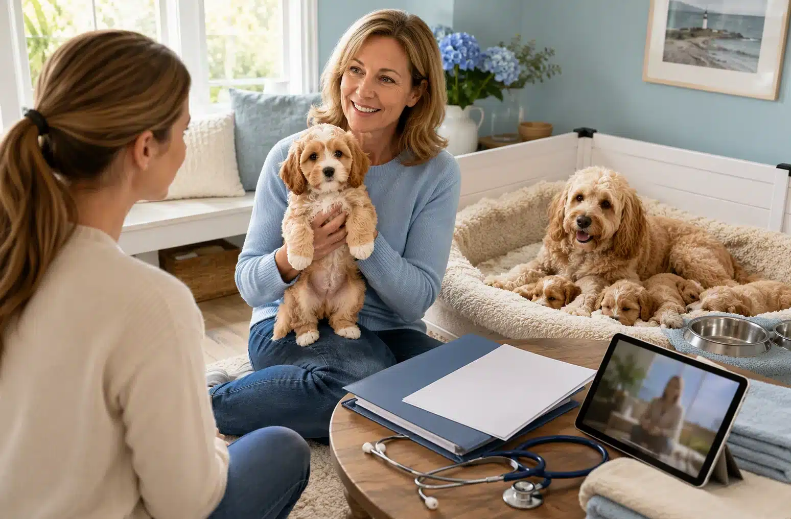 Breeder shows Cavapoo puppy with mother in nursery setting