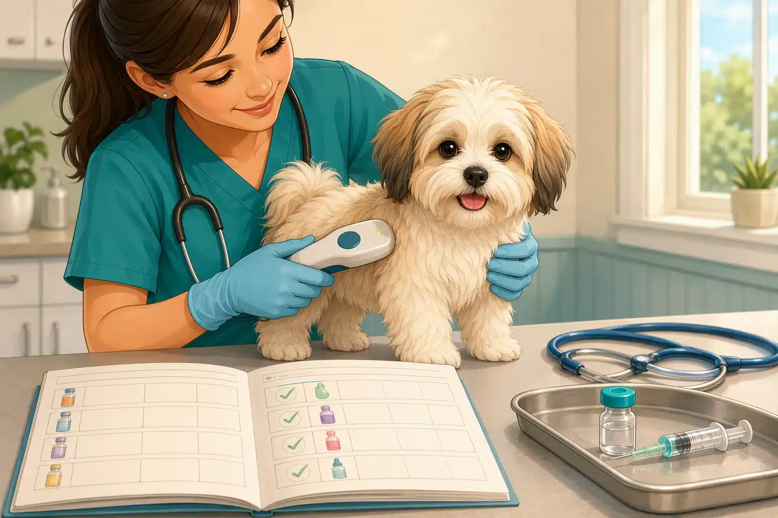 Veterinarian checks puppy records with microchip scanner
