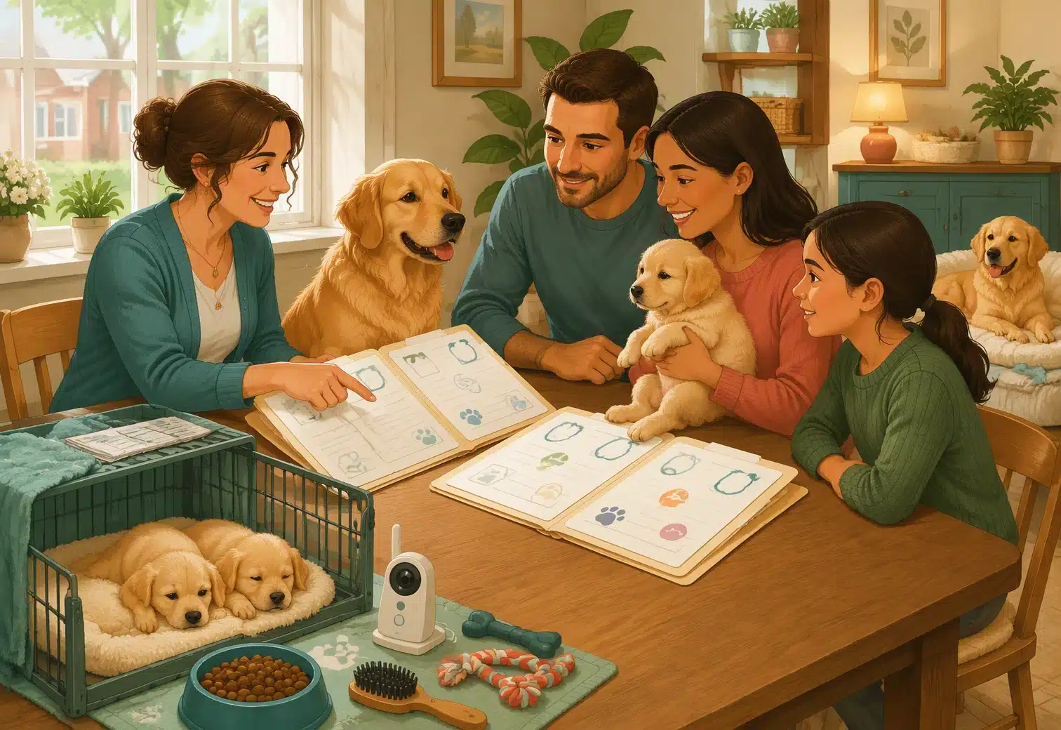 Breeder shares puppy health records in cozy nursery
