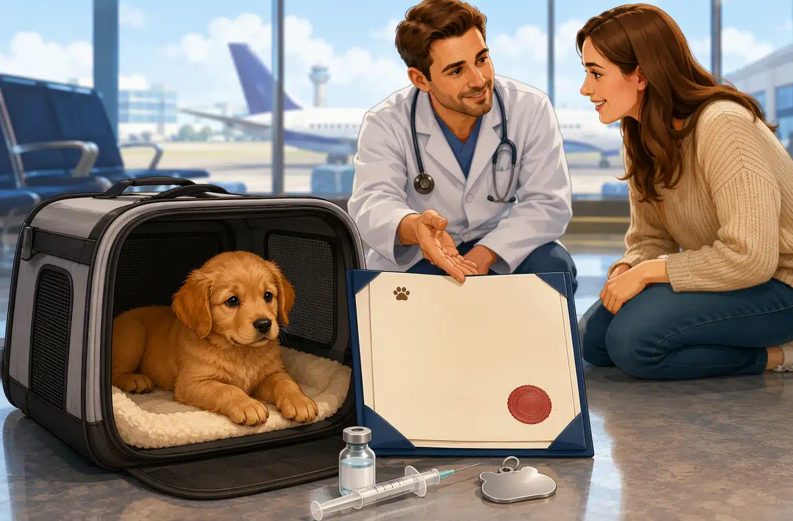 Puppy in carrier with vet records at airport gate
