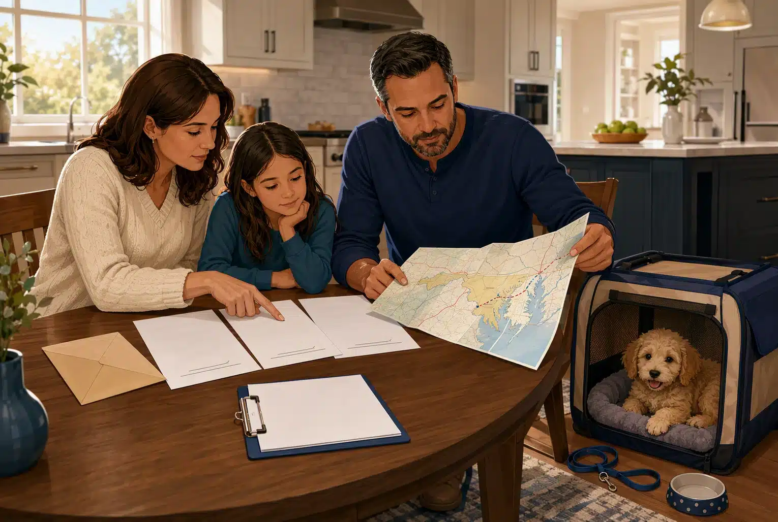 Maryland family reviewing interstate puppy paperwork