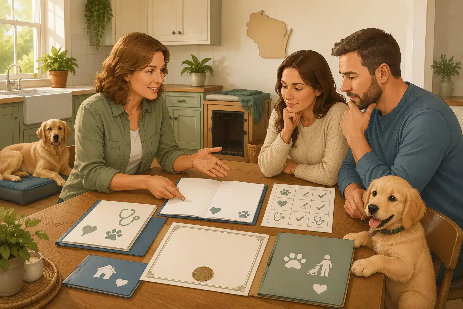 Breeder and buyer reviewing puppy health records at a kitchen table