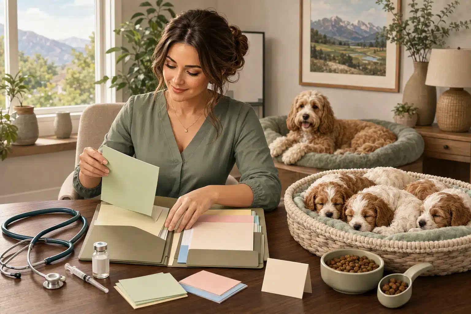 Breeder reviewing puppy wellness records beside sleeping Cavapoo litter