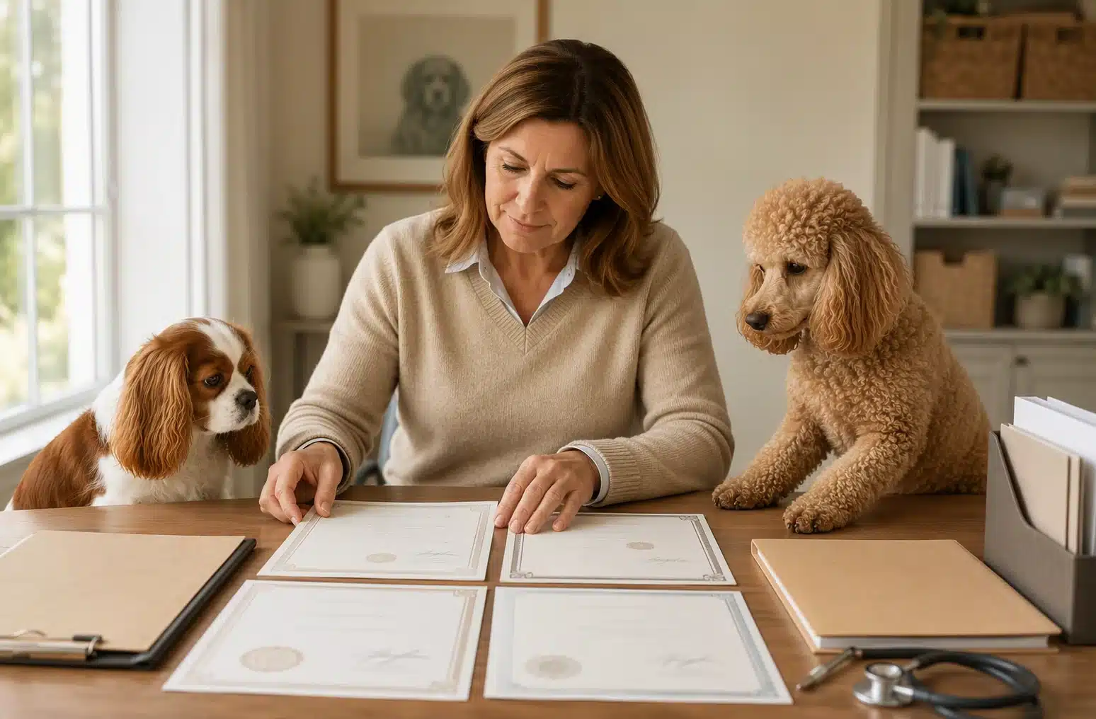 Breeder reviewing OFA certificates with Cavalier and Poodle puppies