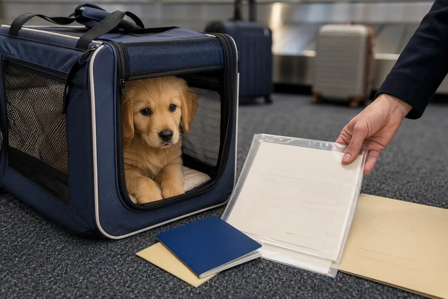 Airport handoff with puppy carrier and veterinary records