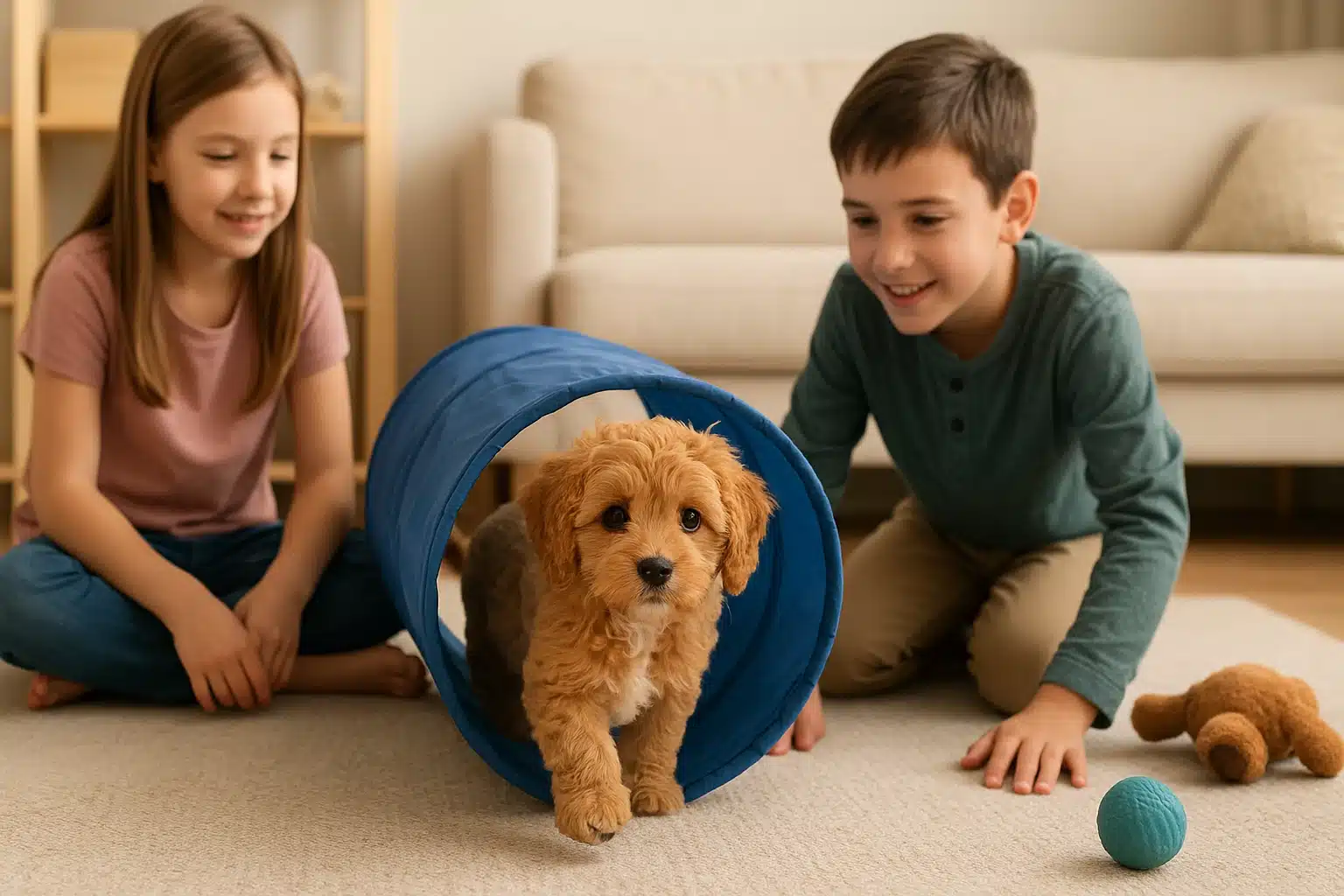 Cavapoo puppy explores a play tunnel under gentle supervision