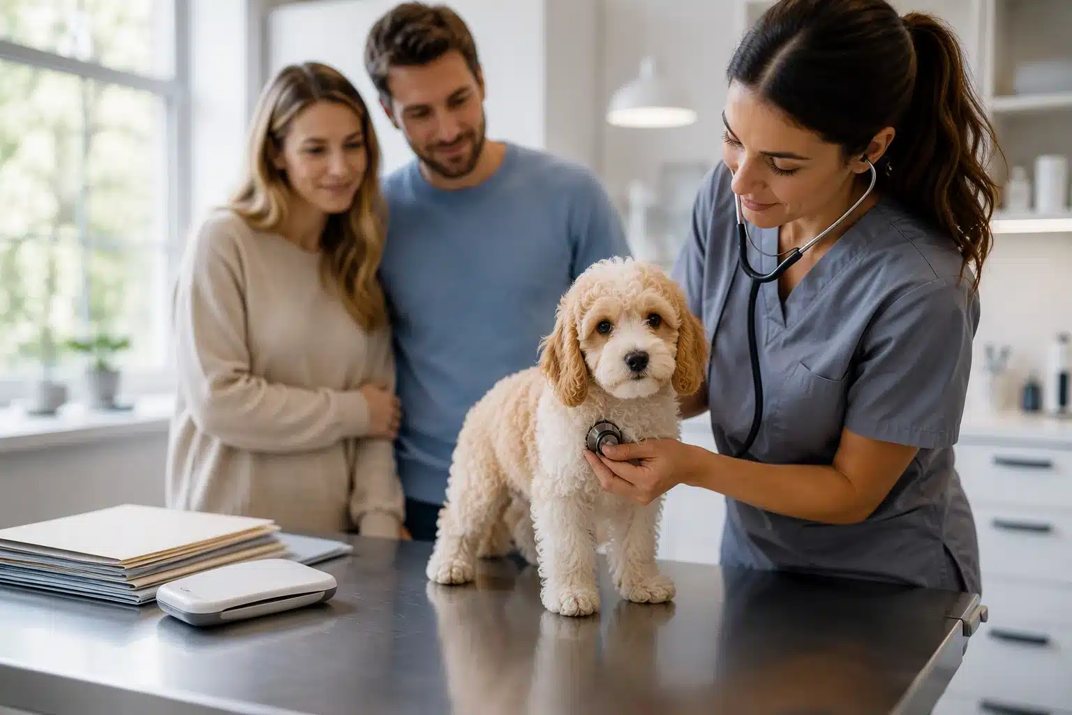 Veterinarian examining Cavapoo puppy during health screening