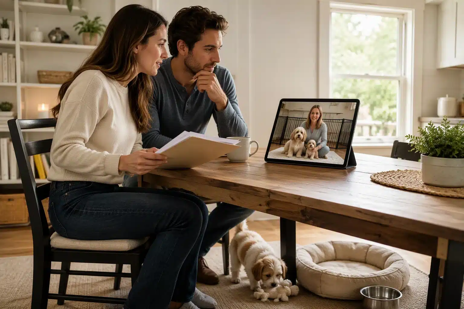 Couple video calls breeder with Havanese puppy and mother