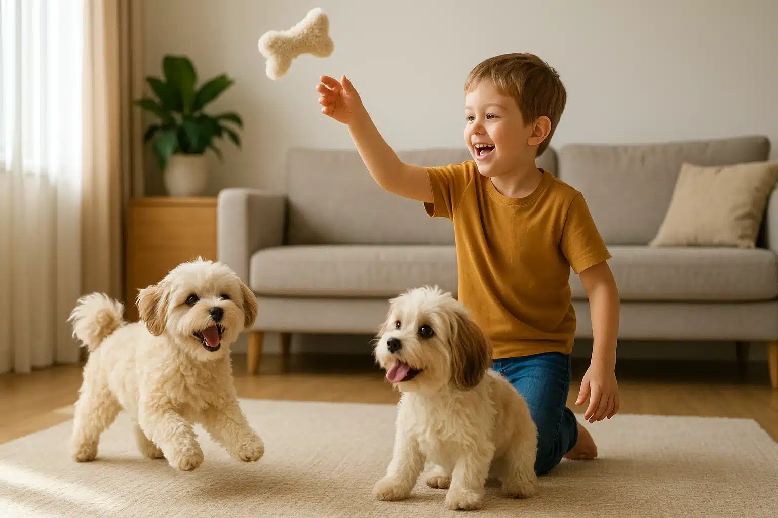 Havapoo and Havanese playing with child in bright living room