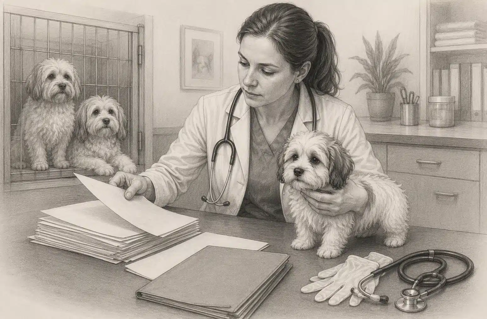 Veterinarian cross-checking Havanese parent health records beside puppy