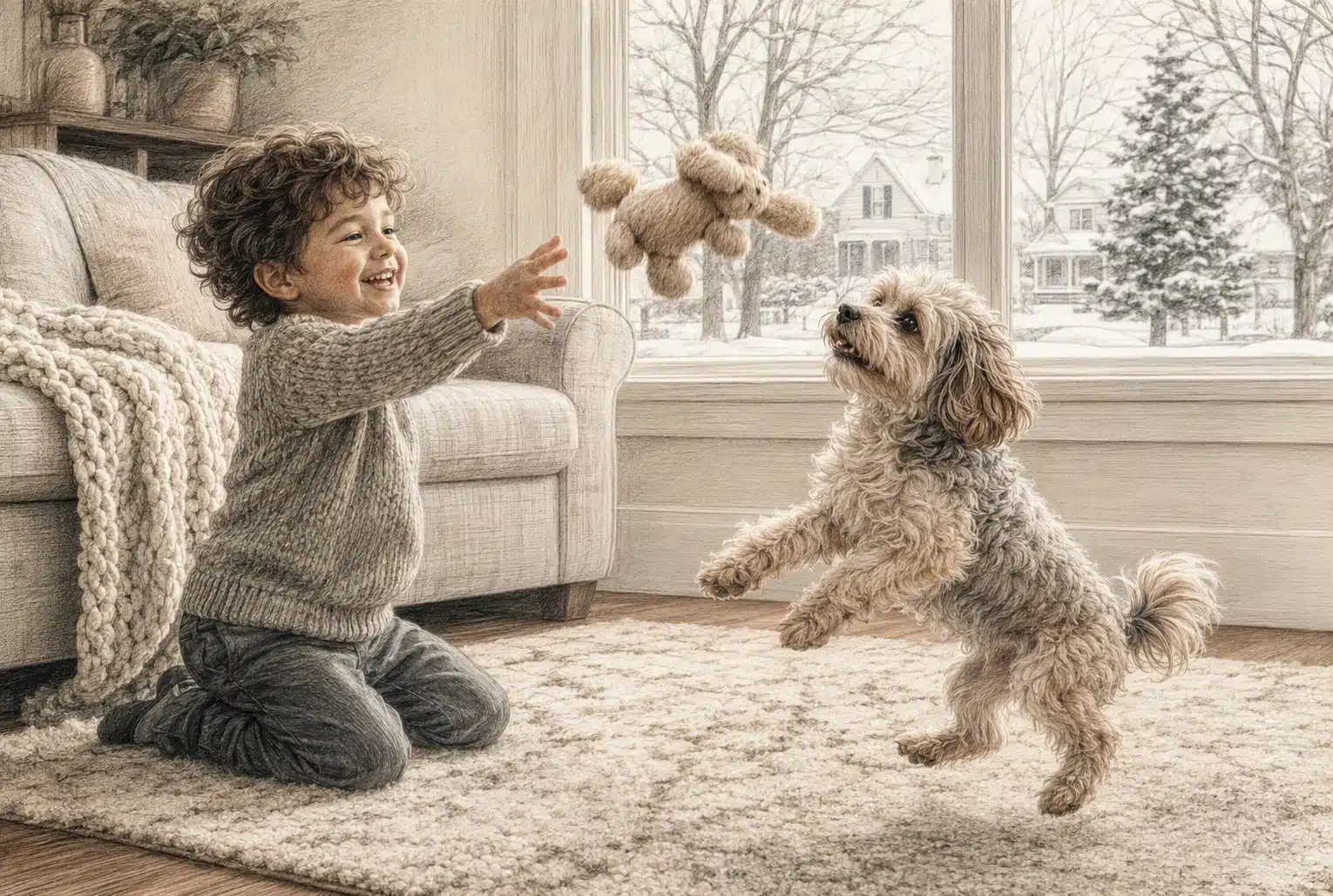 Havapoo puppy playtime in Michigan living room