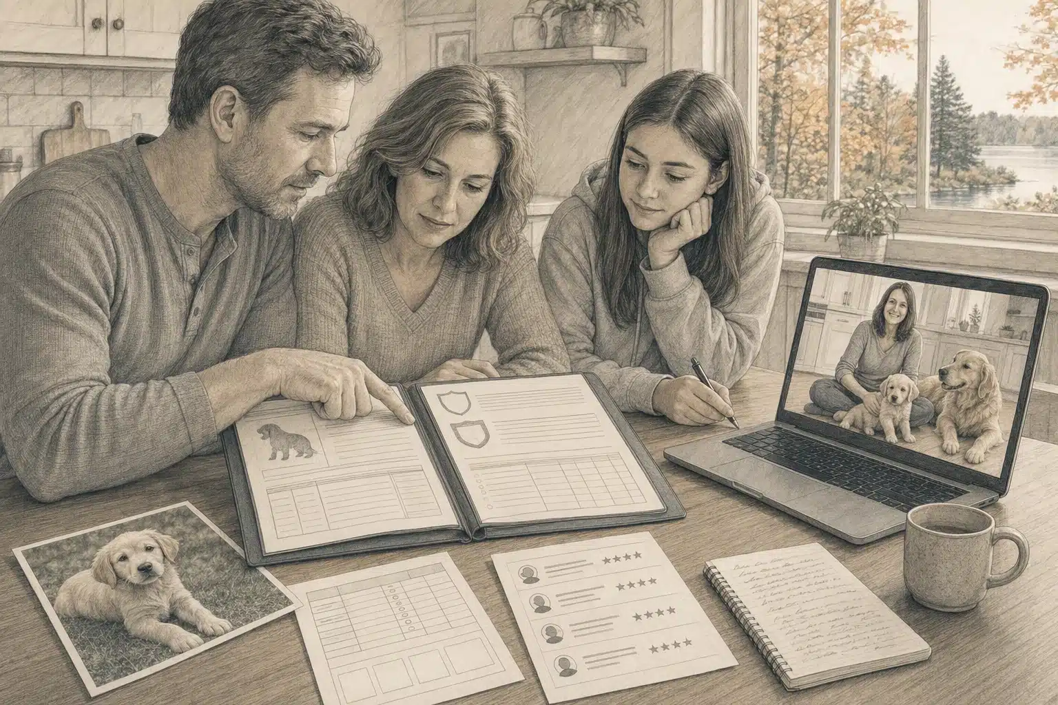 Family reviewing breeder records and video notes