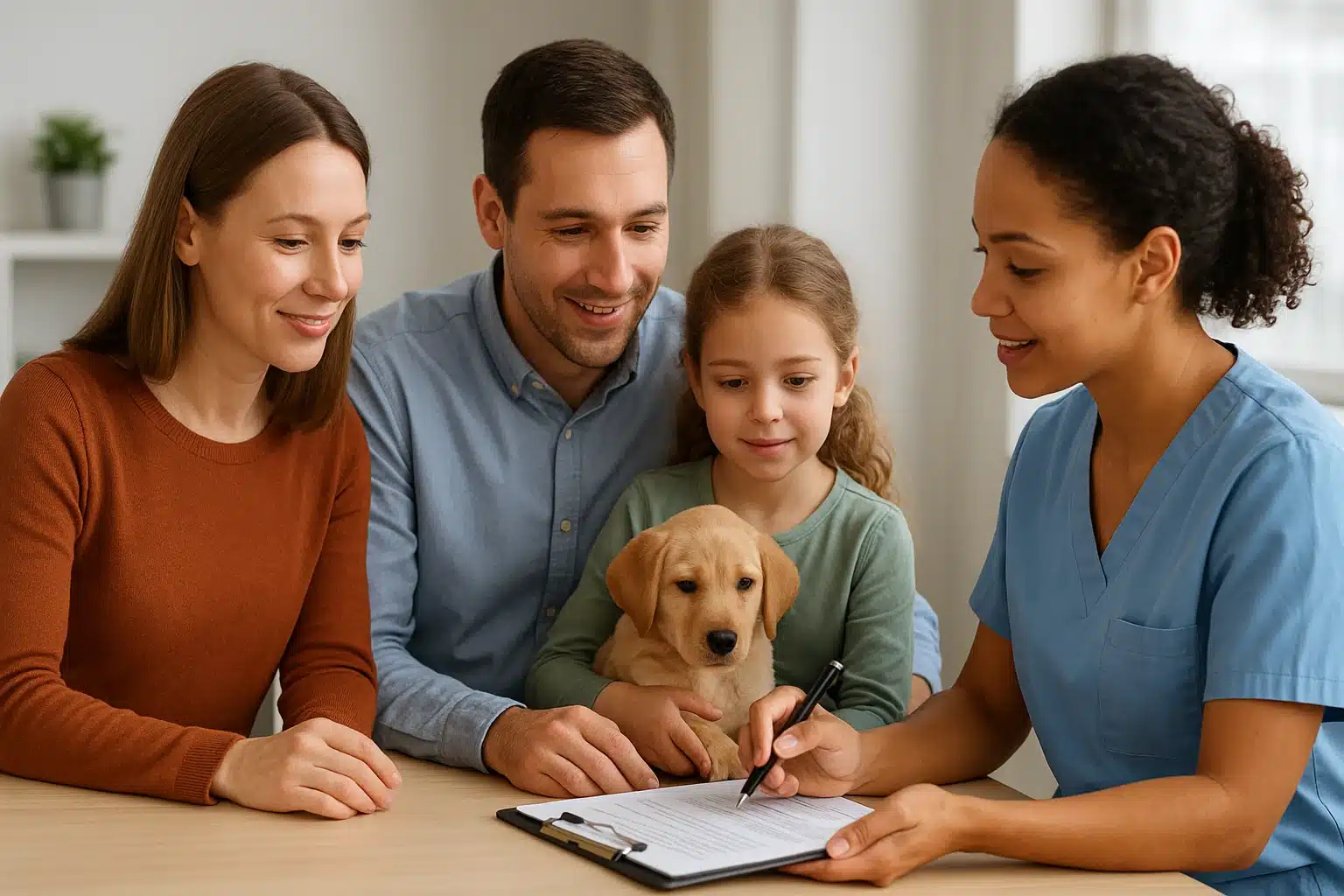 Family reviewing puppy health records with rescue counselor
