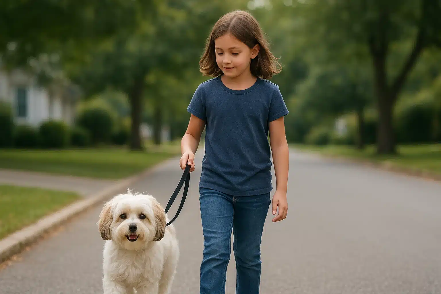 Child guides Havanese on leash in suburban setting