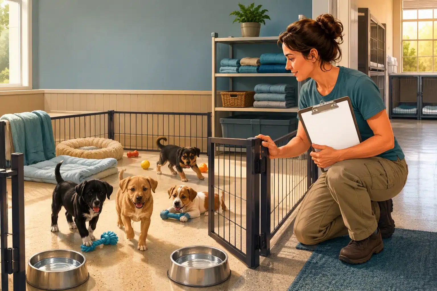 Rescue volunteer inspects clean puppy play area