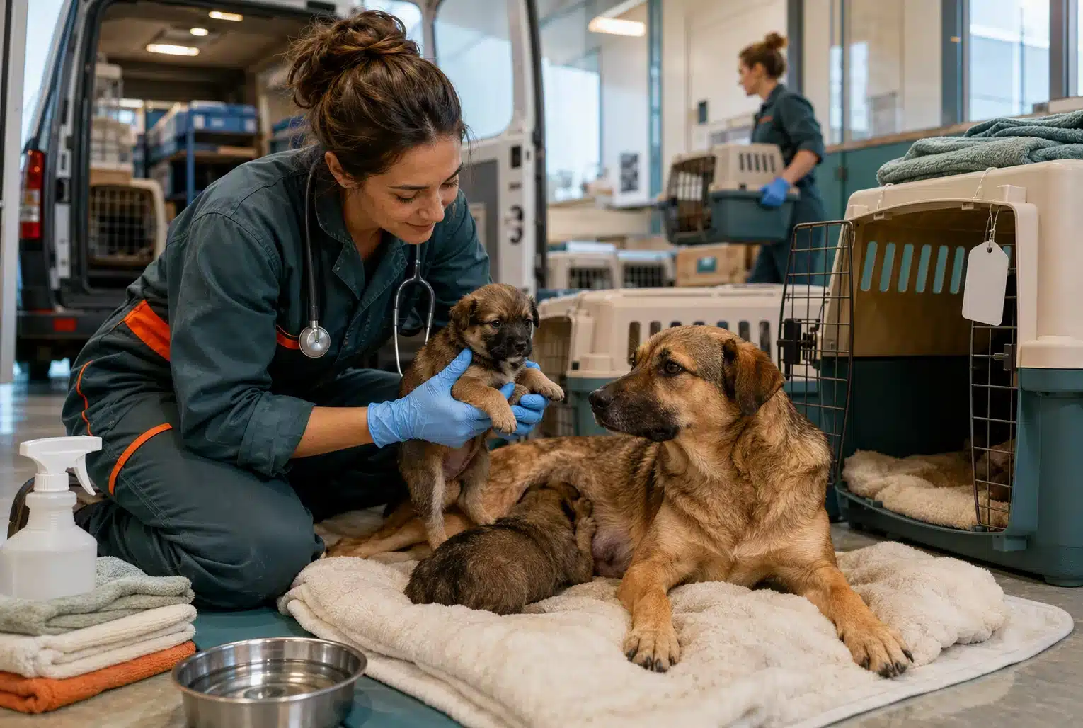 Rescue worker checks puppy during transport relocation