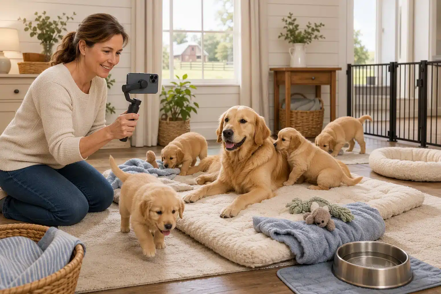 Breeder’s live tour of clean puppy nursery with mother