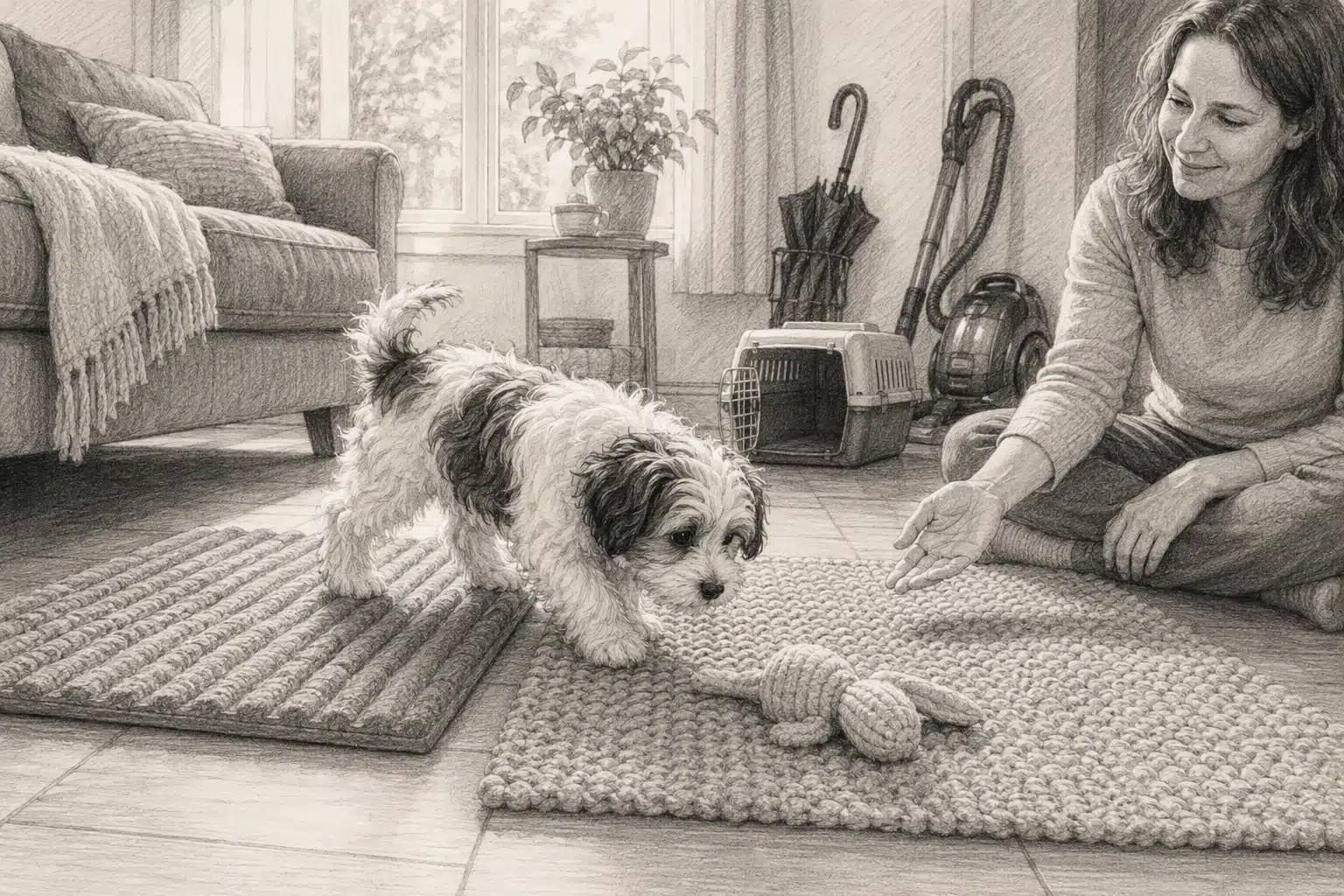 Havanese puppy exploring textures in a home setting