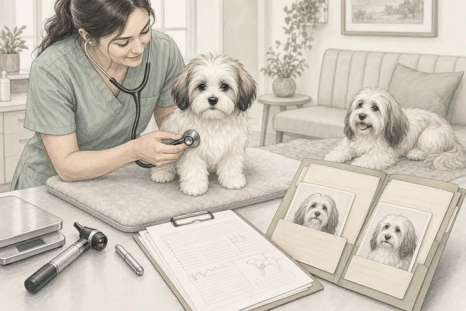 Veterinarian examines Havanese puppy with parent health records